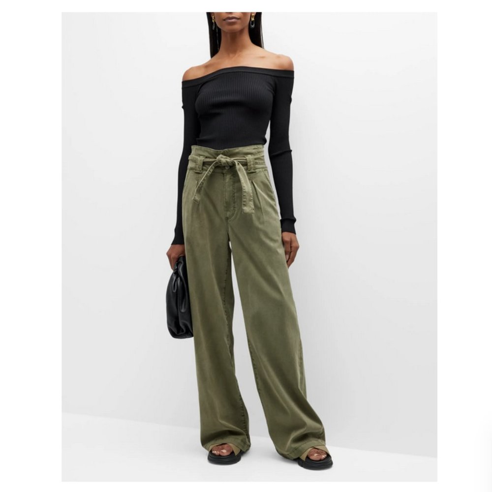 NWT Paige Harper Wide-Leg Flutter-Waist Pants, Vintage Ivy Green, Size 26